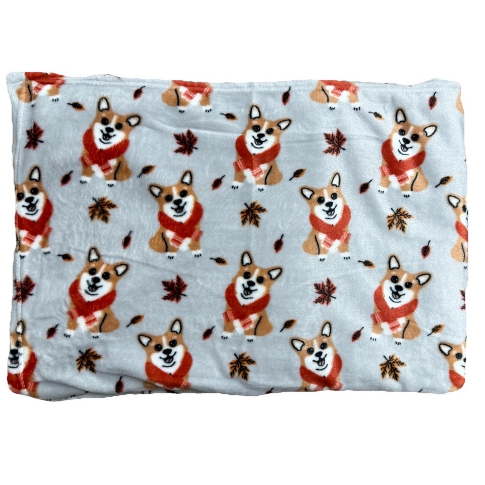 NWT Autumn Corgi Dogs Print Gray/Silver Background Ultra Plush Throw Blanket Dog